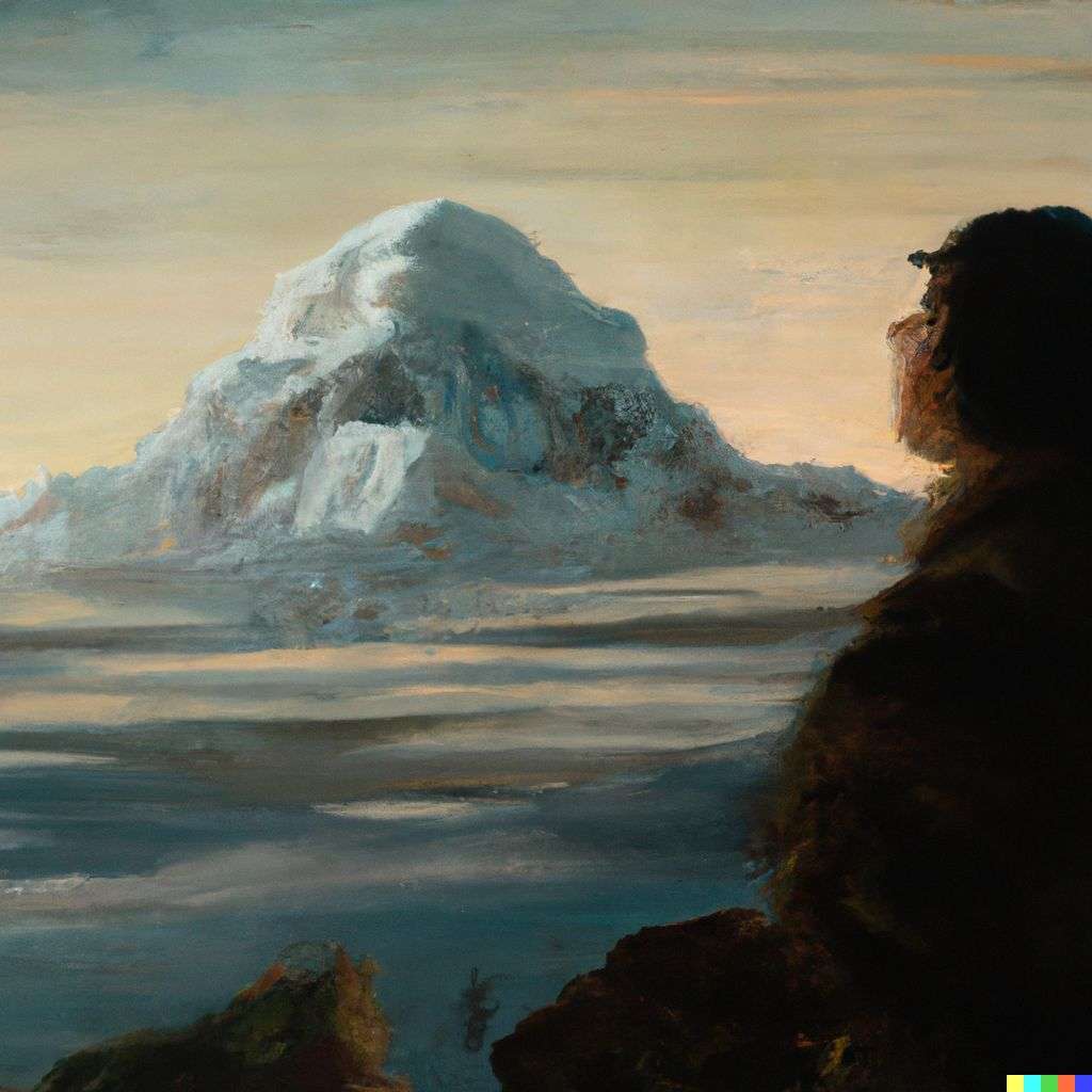 someone gazing at Mount Everest, painting by Diego Velazquez